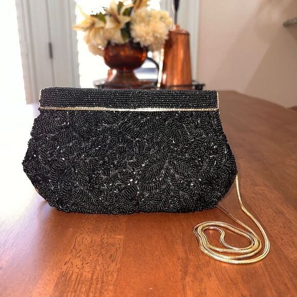 Beaded Black Shell Evening Bag Gold Chain Vintage Formal Clutch Purse 8.5x6 - Picture 2 of 9